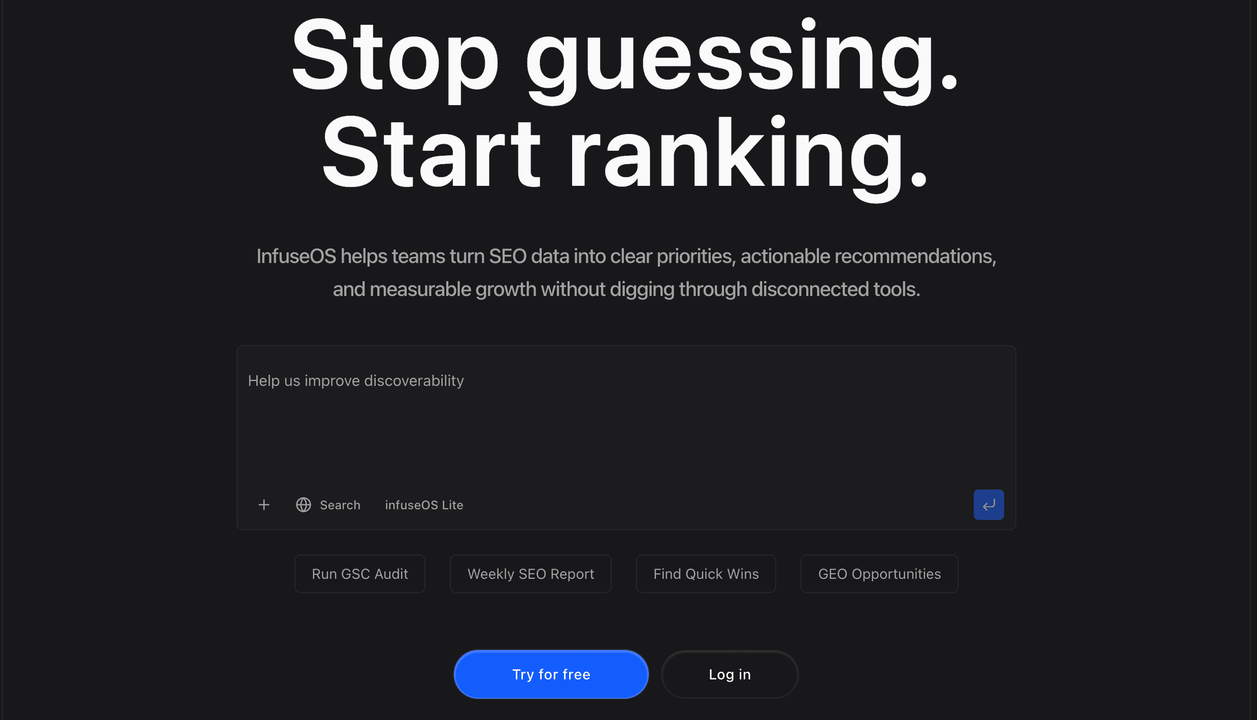 infuseOS SEO एजेंट डैशबोर्ड का प्रीव्यू